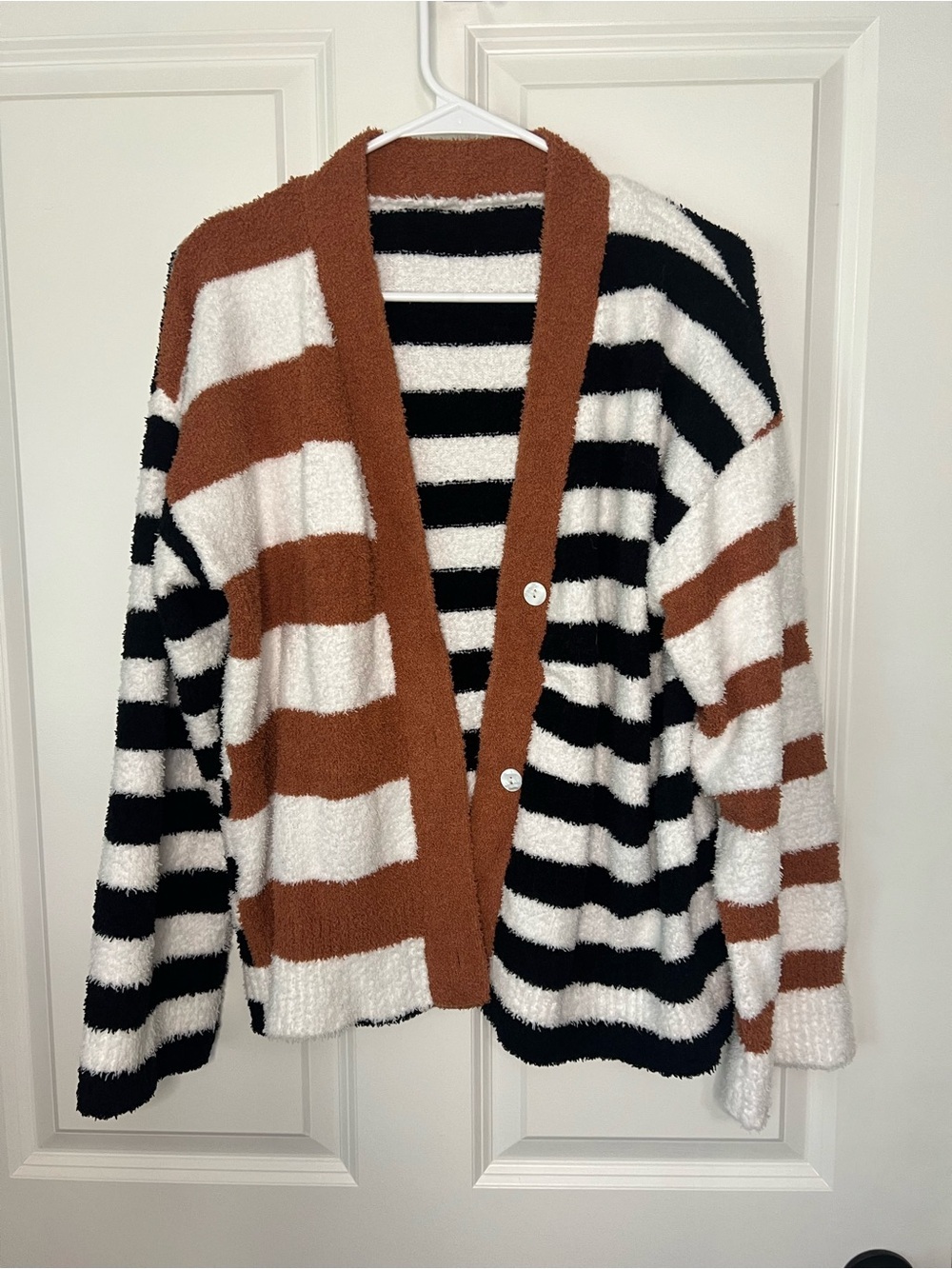 Cozy Striped Button-Front Cardigan - White, Black & Brown